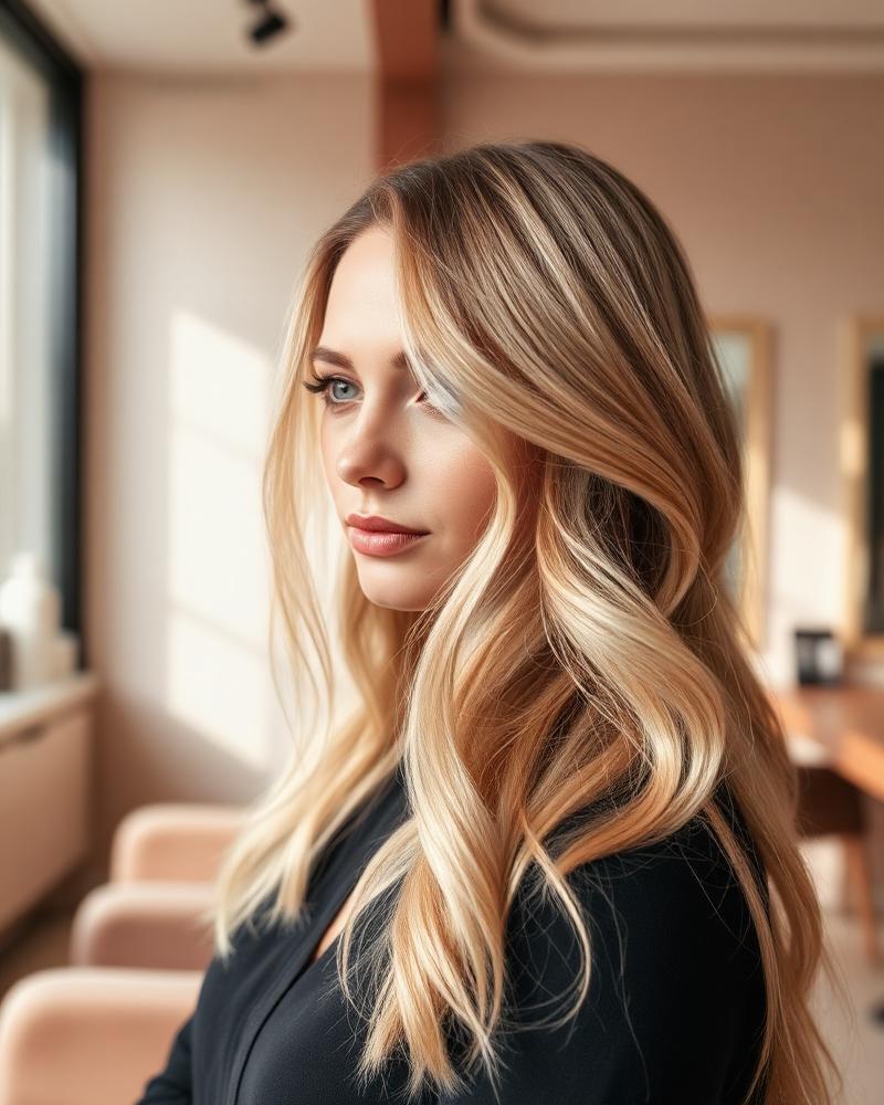 Cabelo iluminado com mechas finalizado no studio